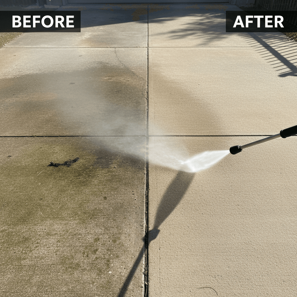 Driveway before and after pressure washing showing dramatic transformation