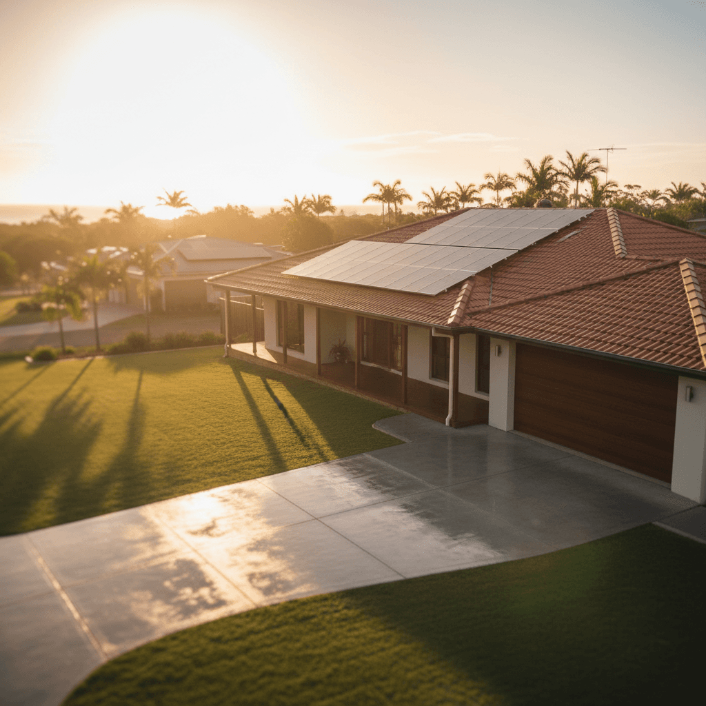 Complete property showing both clean solar panels and pressure-washed driveway