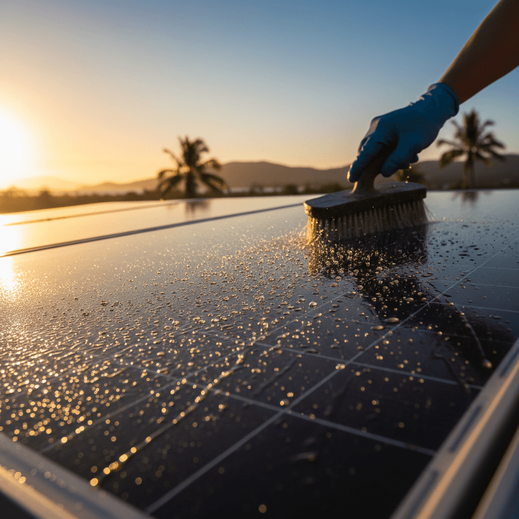 Solar panel cleaning in progress with water cascading across clean glass