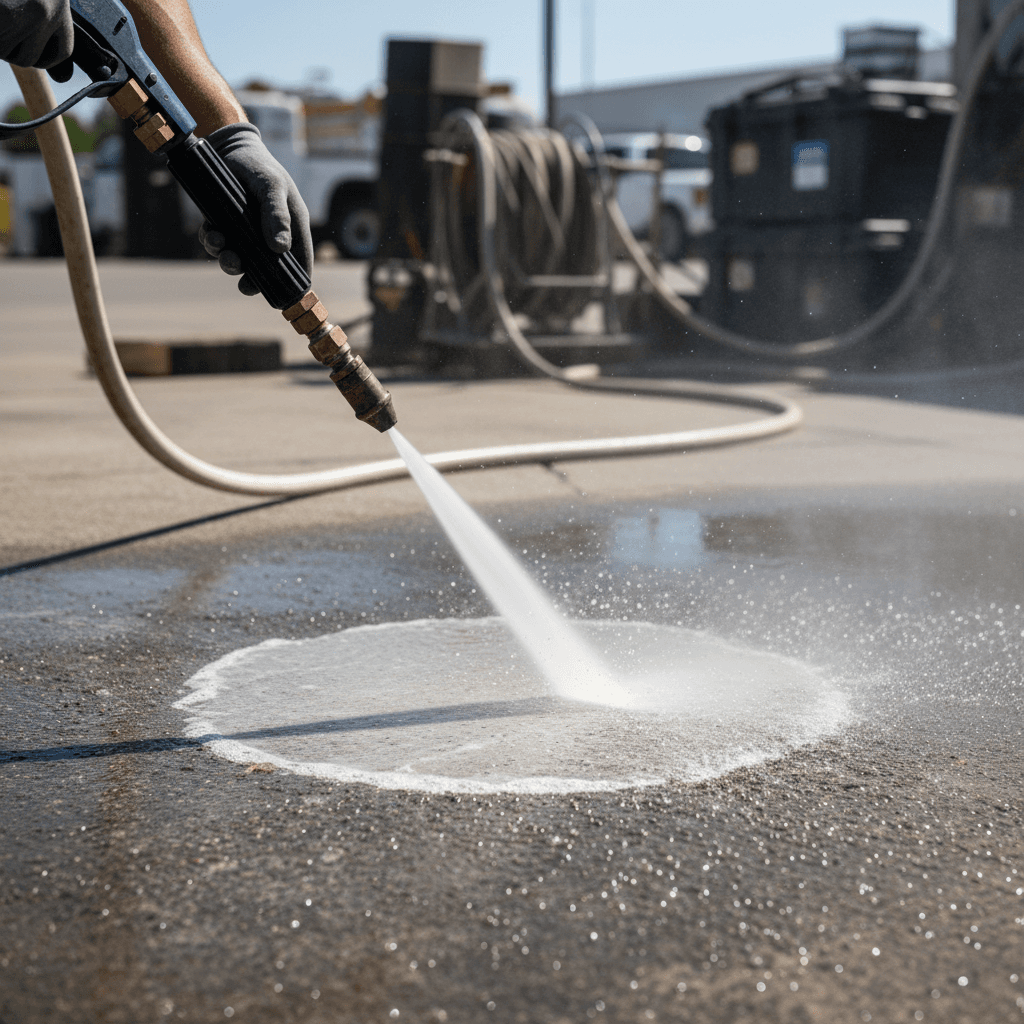 Professional pressure washing equipment in action cleaning concrete surface