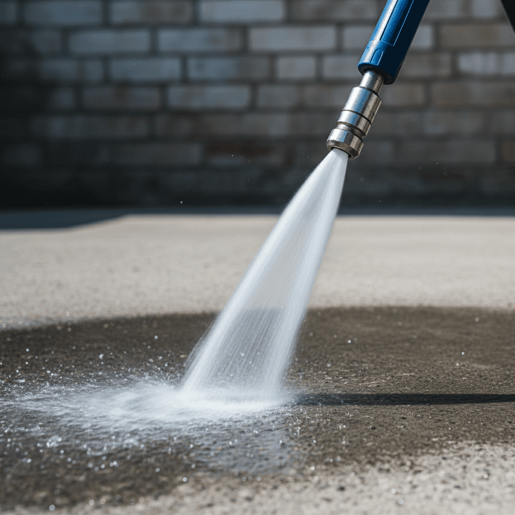 Professional pressure washing equipment in action