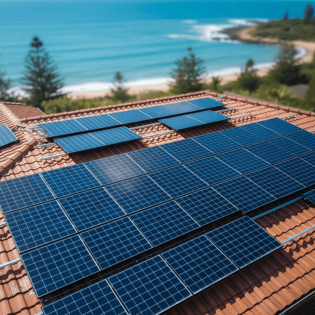 Aerial view of cleaned solar panels on coastal home