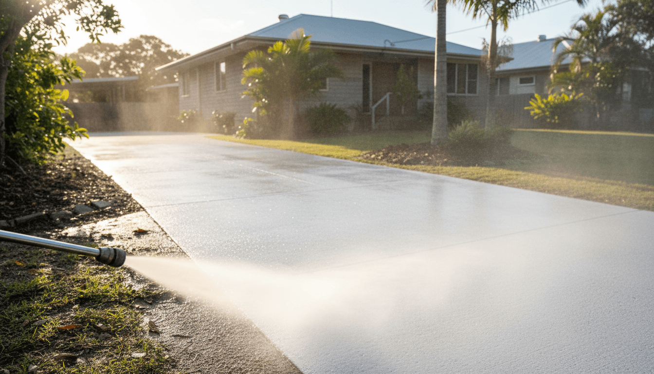 Professional driveway pressure washing service in Mackay with sparkling clean surface and morning light