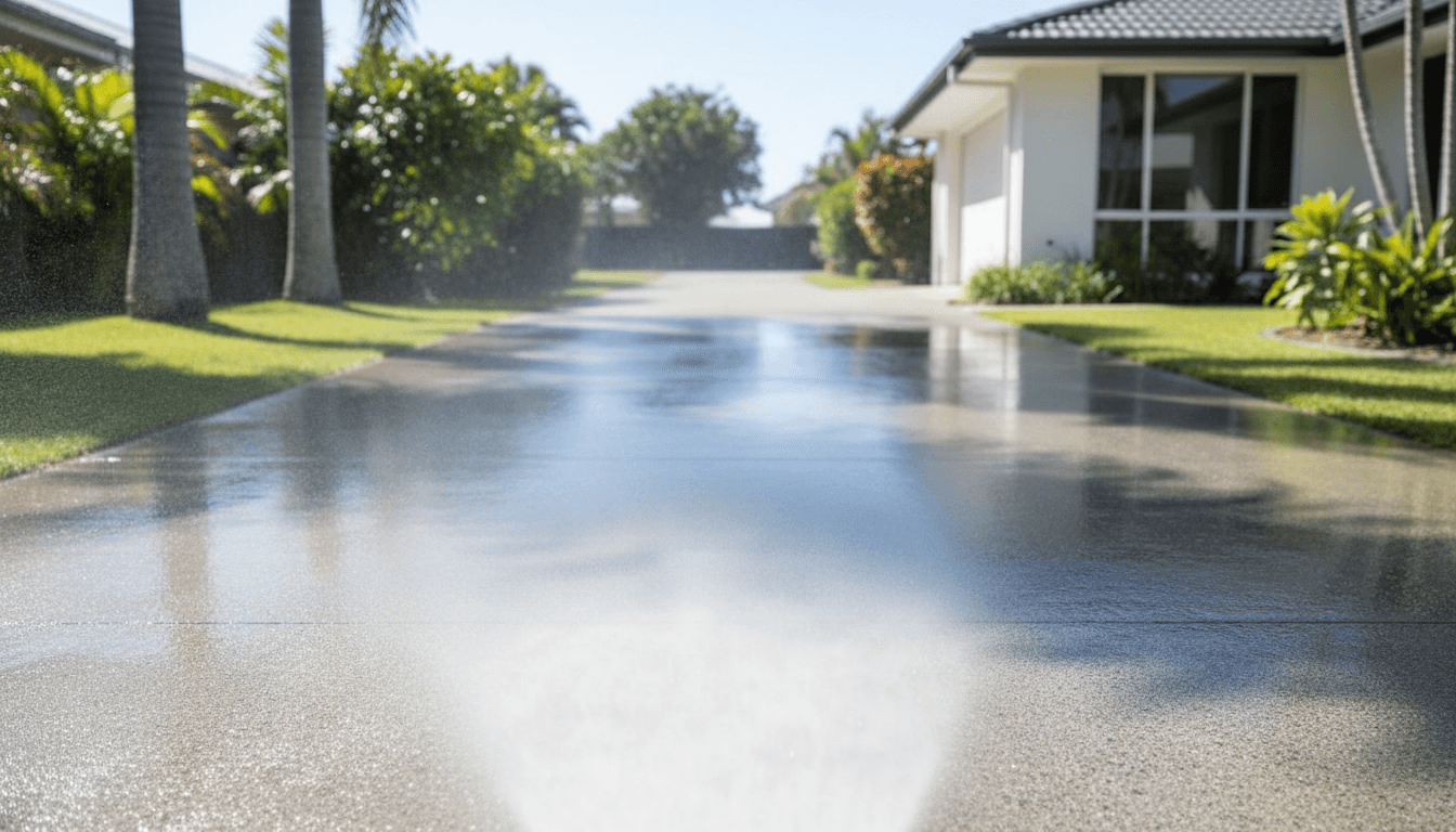 Clean residential driveway gleaming after professional pressure washing service