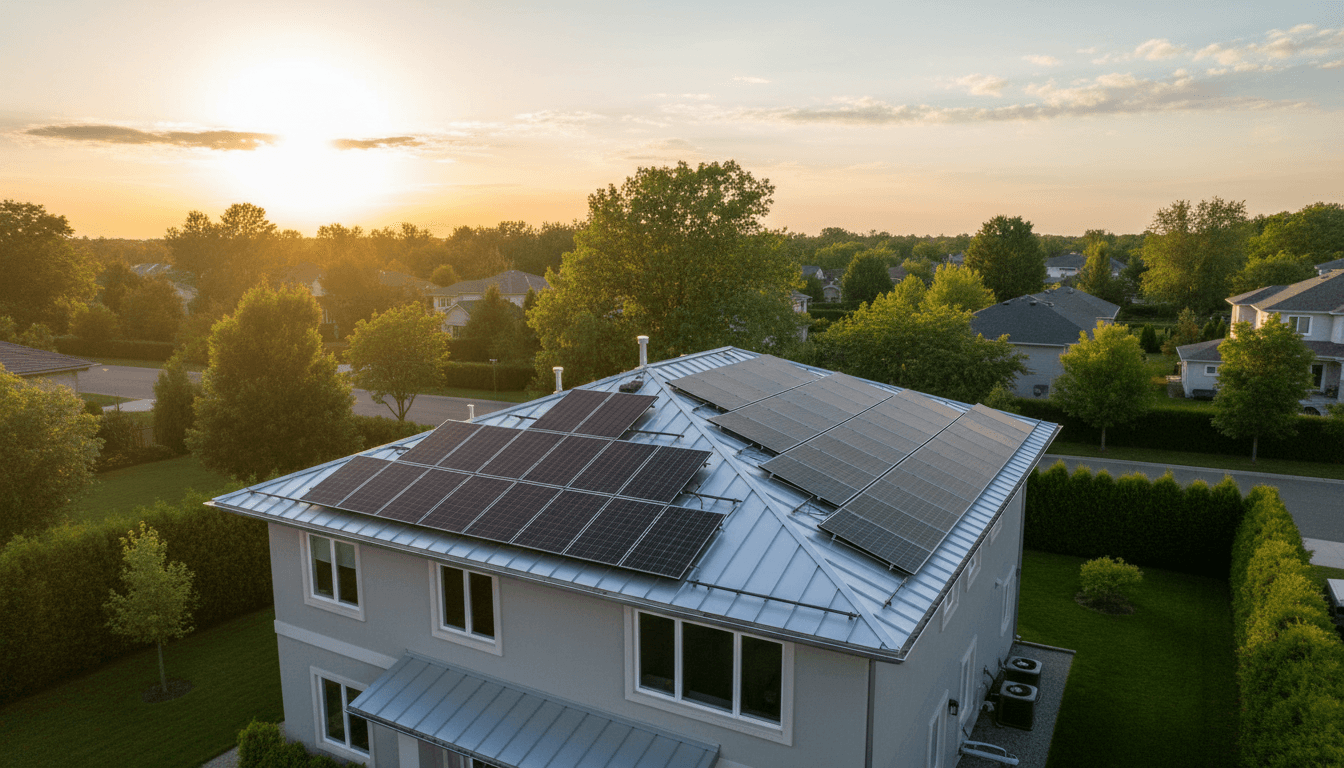 A full array of clean solar panels on a coastal Queensland home roof