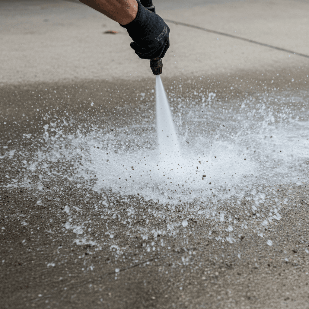 High-pressure water spray blasting dirt from concrete driveway surface in powerful cleaning action
