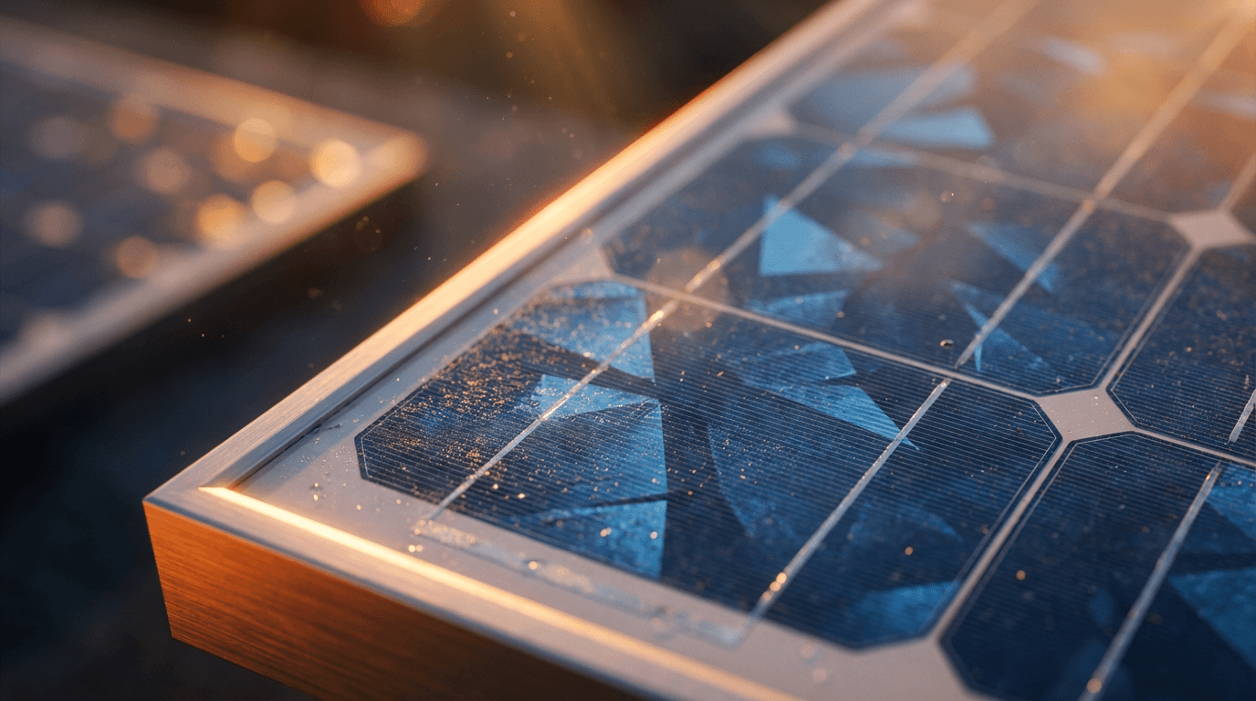 Clean solar panels reflecting sunlight on residential rooftop