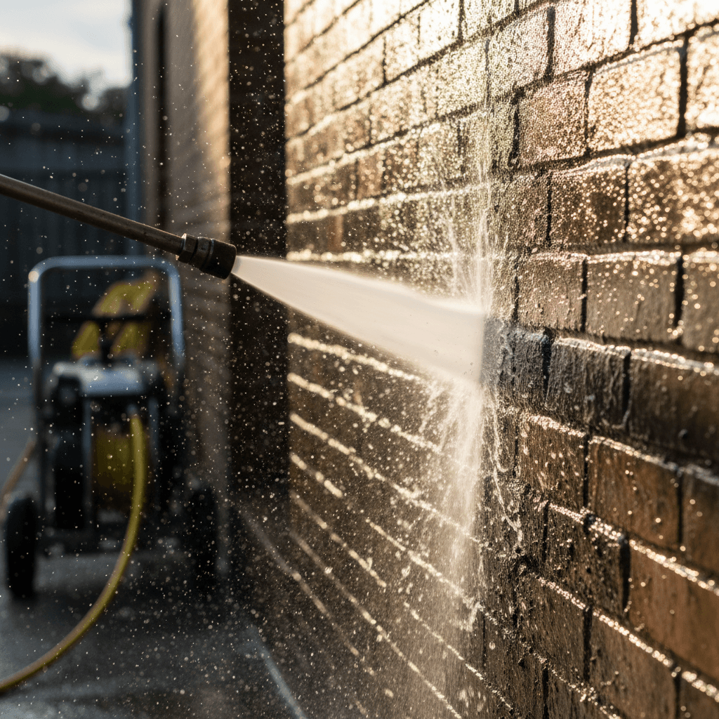 Pressure washing nozzle in action on concrete surface