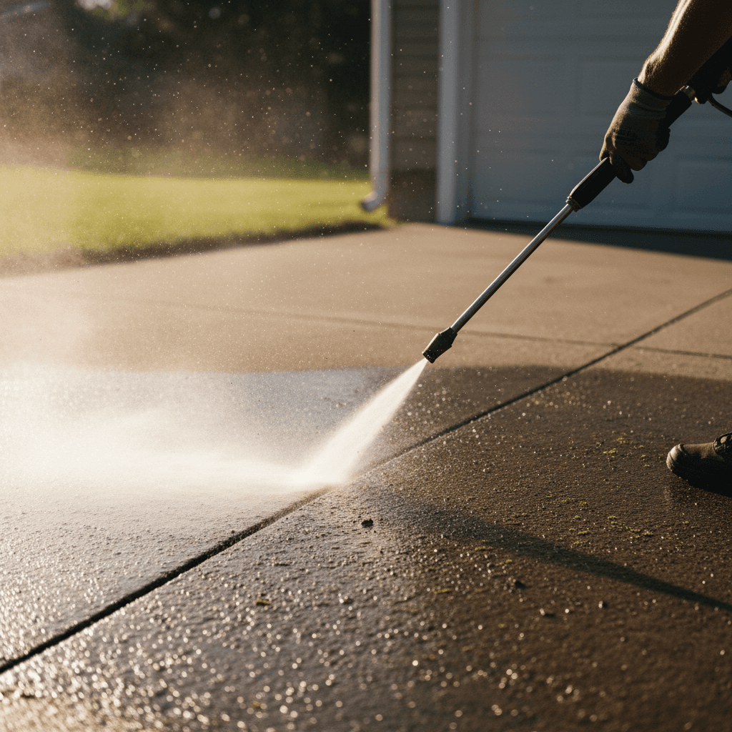 Professional pressure washing service in action on a residential driveway in Mackay