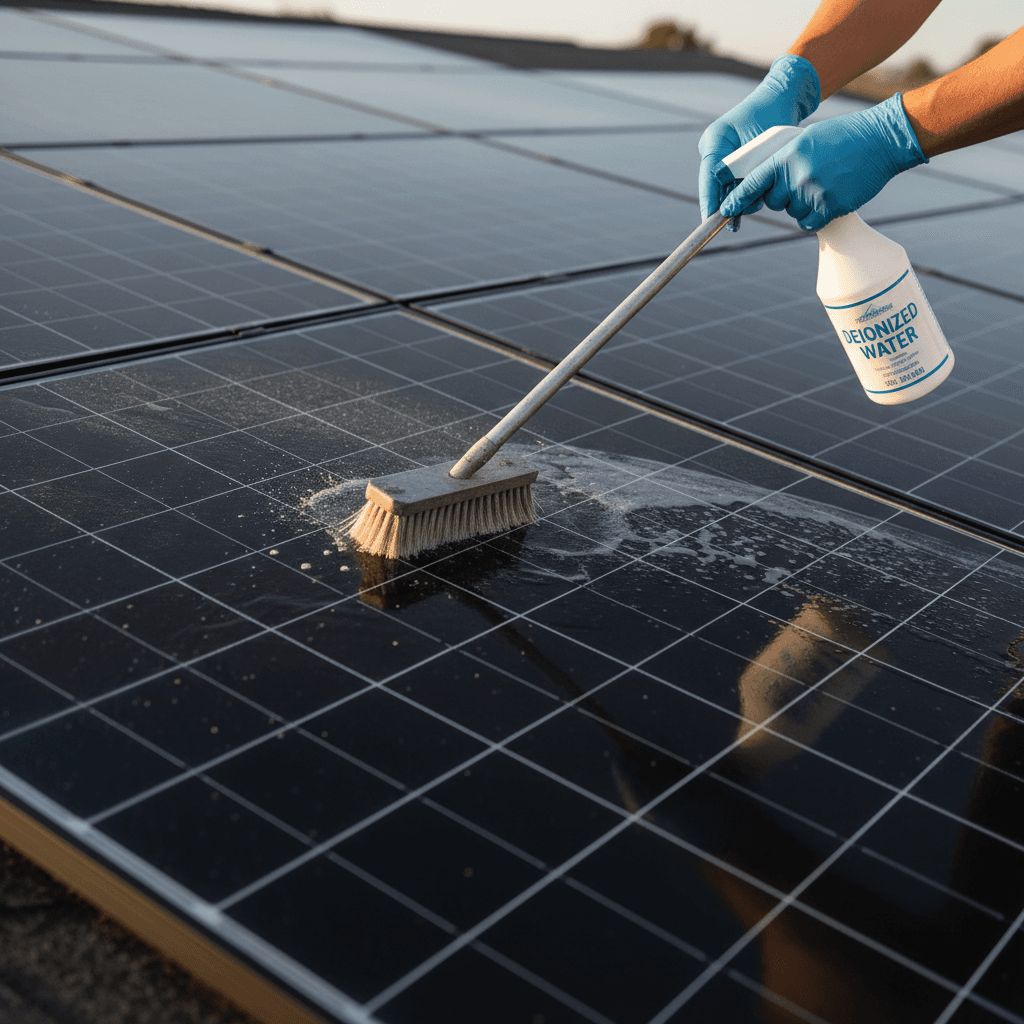 Technician carefully cleaning a solar panel with soft microfiber cloth
