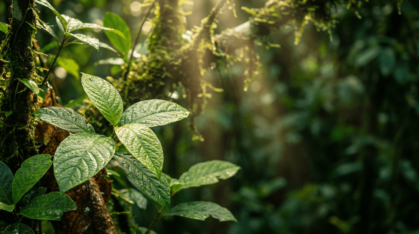Macro tropical rainforest canopy with layered emerald leaves, golden sunlight rays, and bokeh shadows. Cinematic botanical detail.