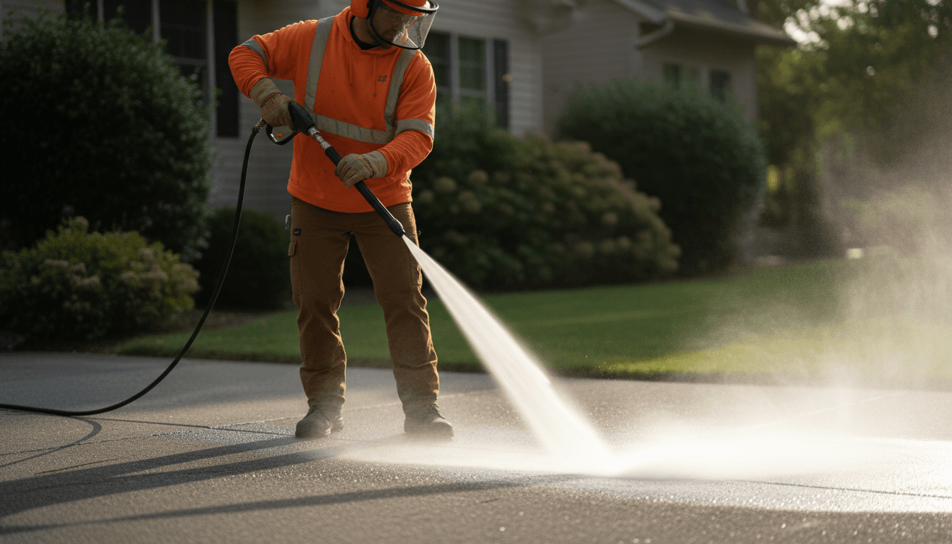 Professional property maintenance worker performing driveway pressure washing in Mackay
