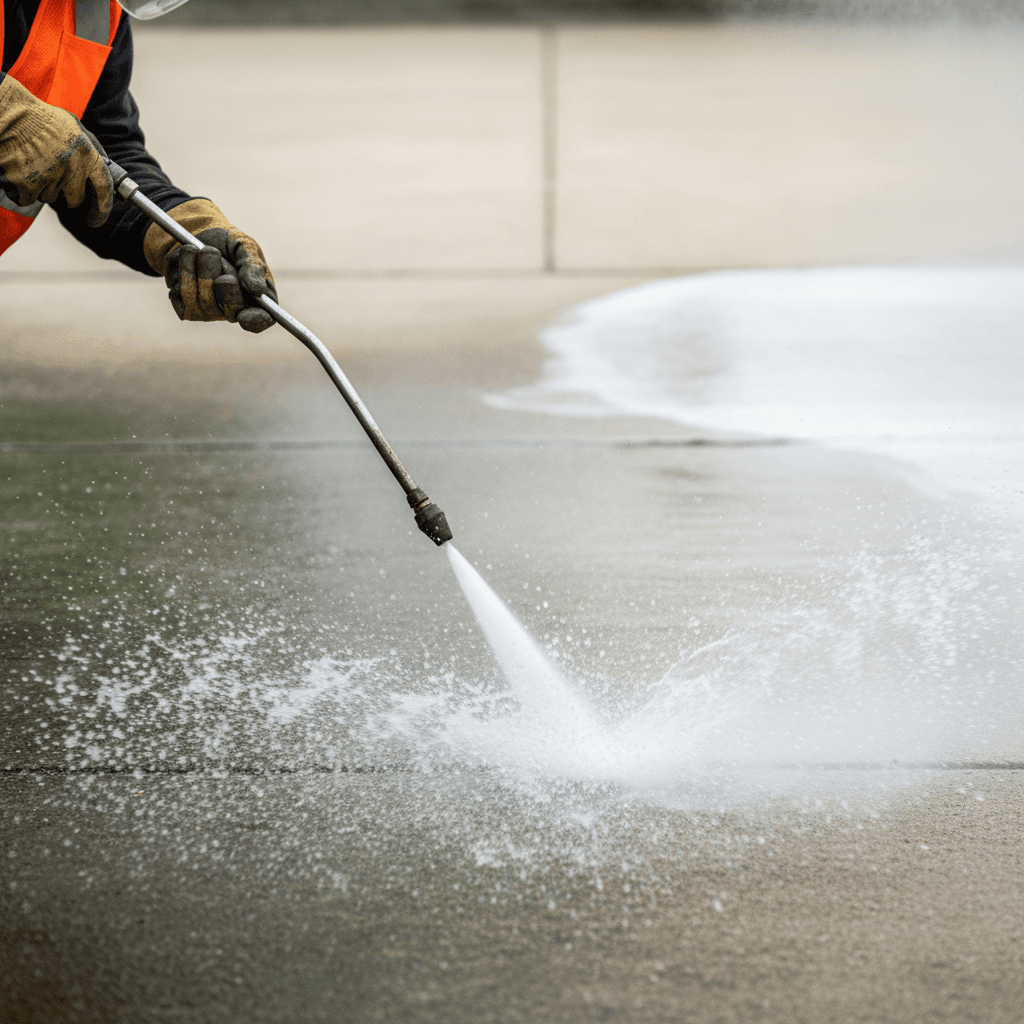 Driveway pressure washing in progress with water spray and dynamic motion