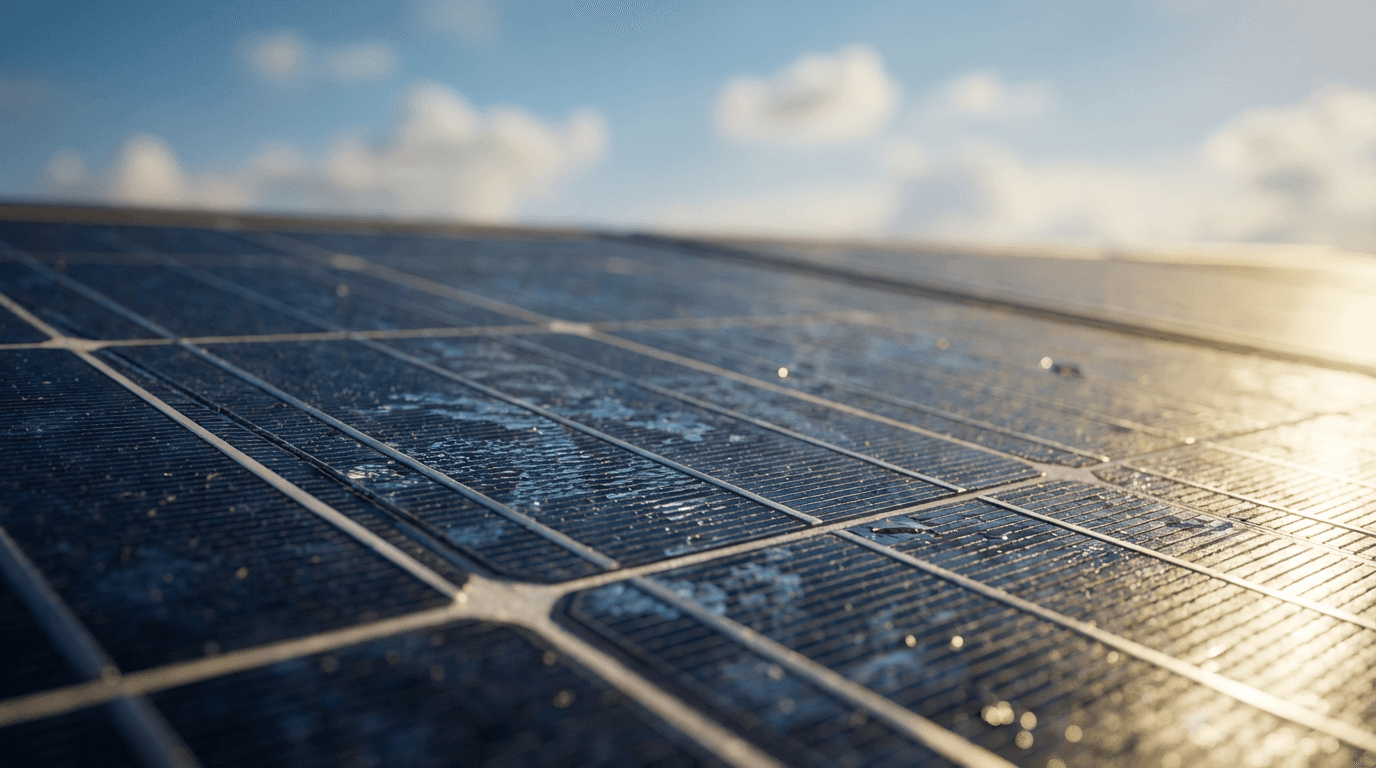 Before and after comparison of a cleaned solar panel showing restored brightness and reflectivity