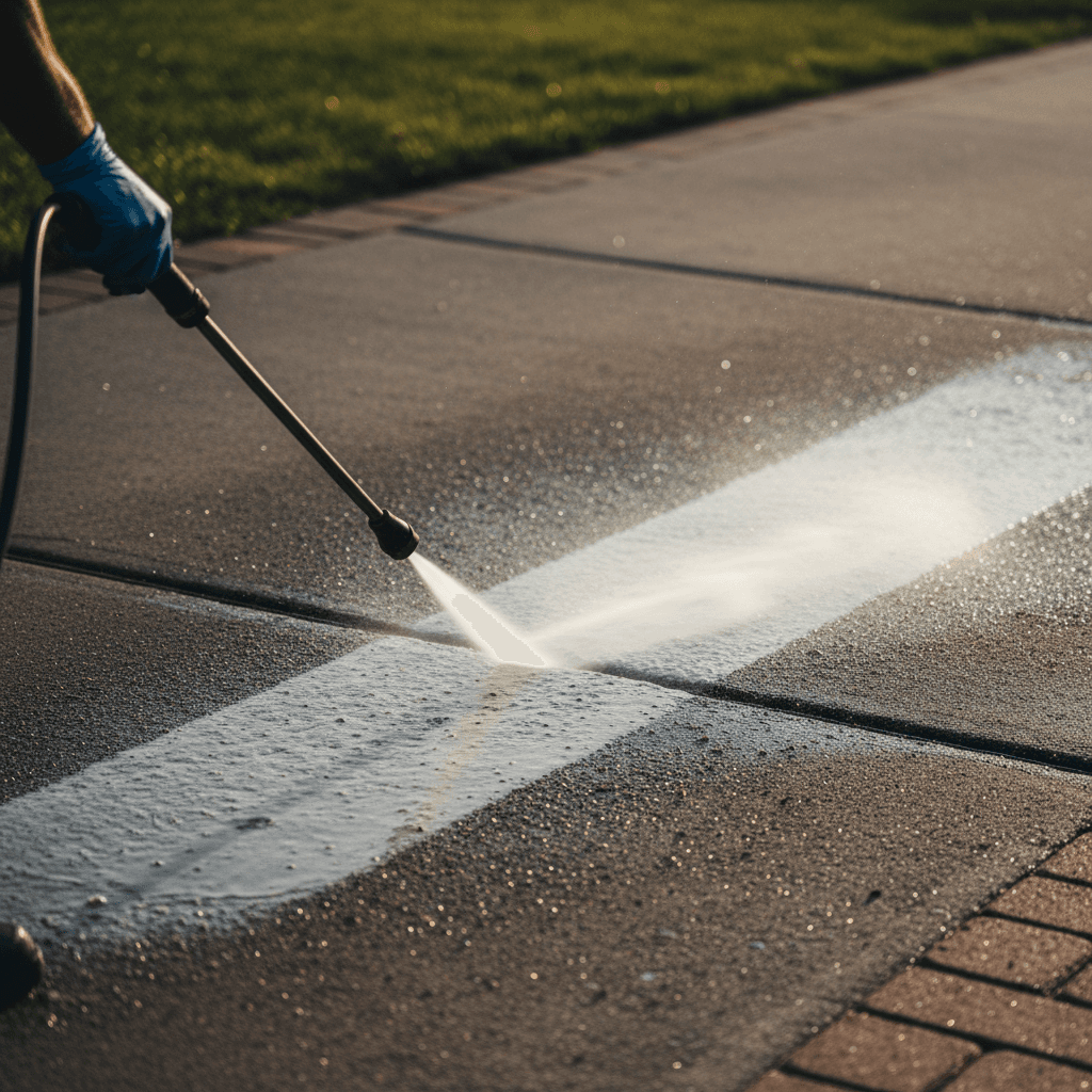 Before and after of driveway pressure washing showing removed stains